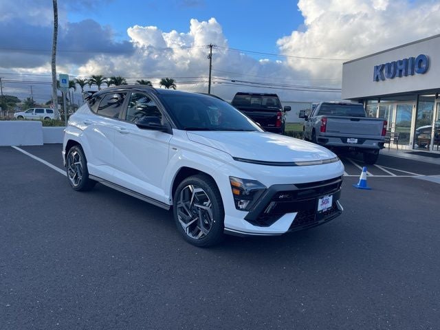 2024 Hyundai Kona N Line in Atlast White W/Black Roof — front three-quarter view